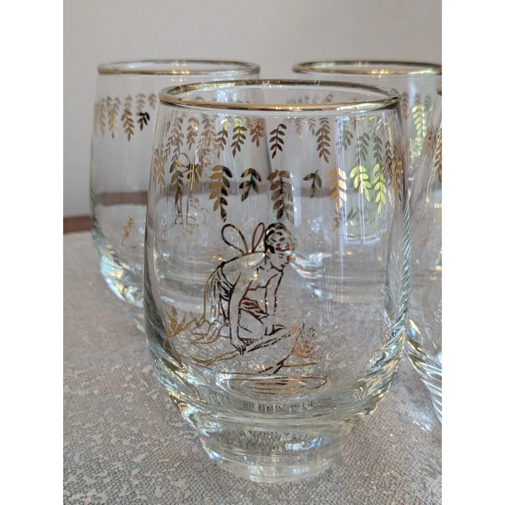 White Rock Tumblers Set 4 Nymph Fairy VTG GingerAle Gold Paint Glass MCM 50s 60s